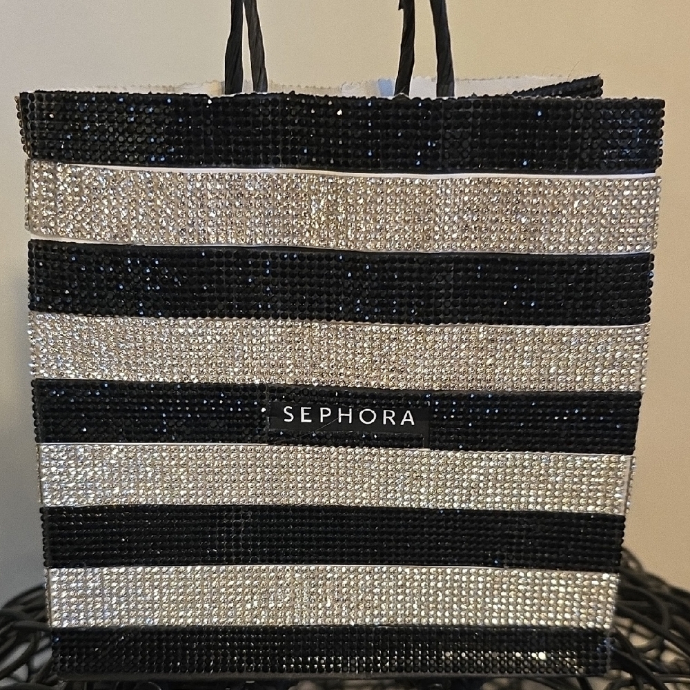 Sephora Glam Black and Silver Crystal Striped Bag
